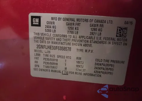2015 Chevrolet Equinox Ltz from USA, damaged, VIN 2GNFLHE30F6358578